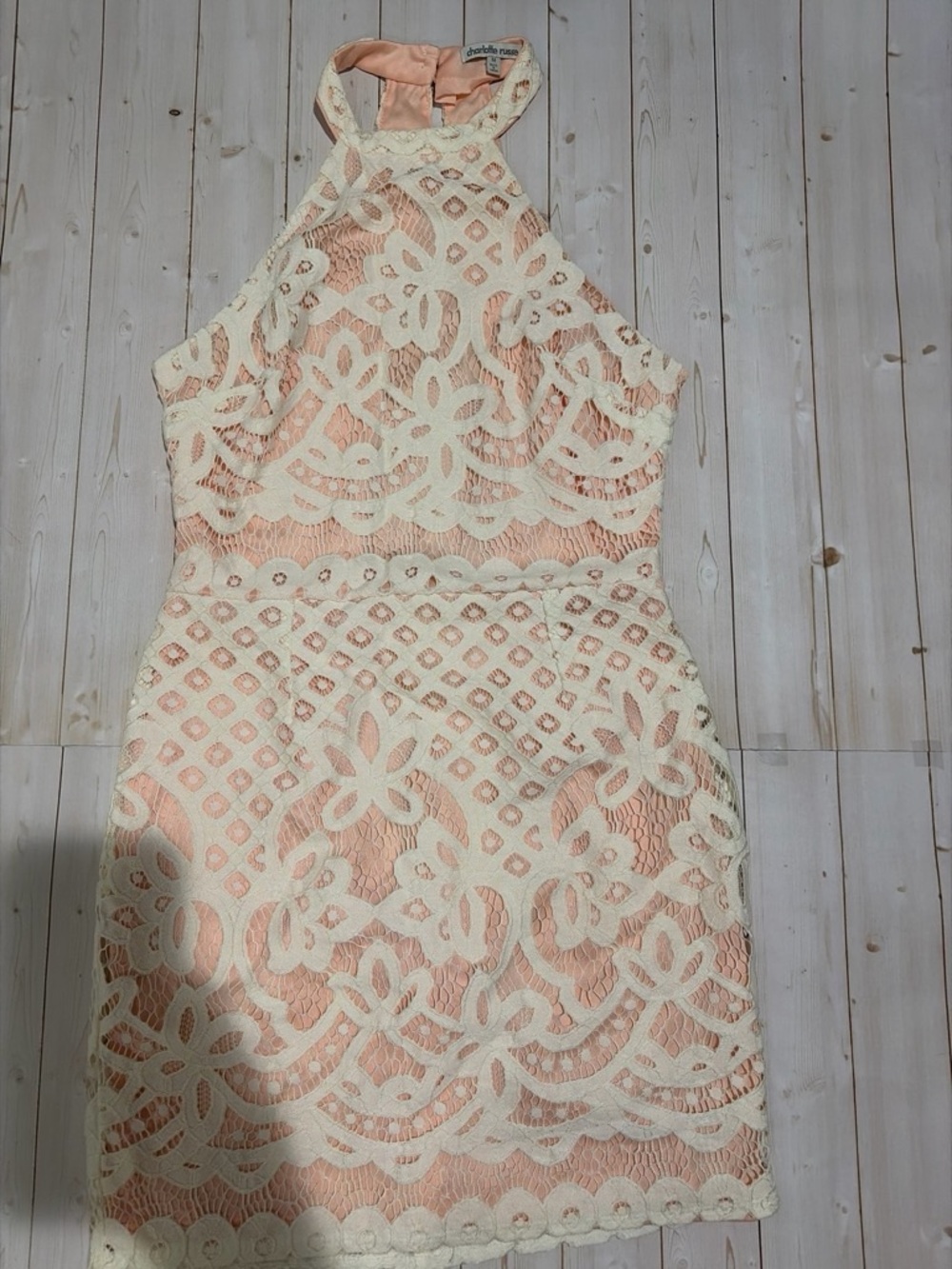 Sleeveless Peach Lace Halter Dress